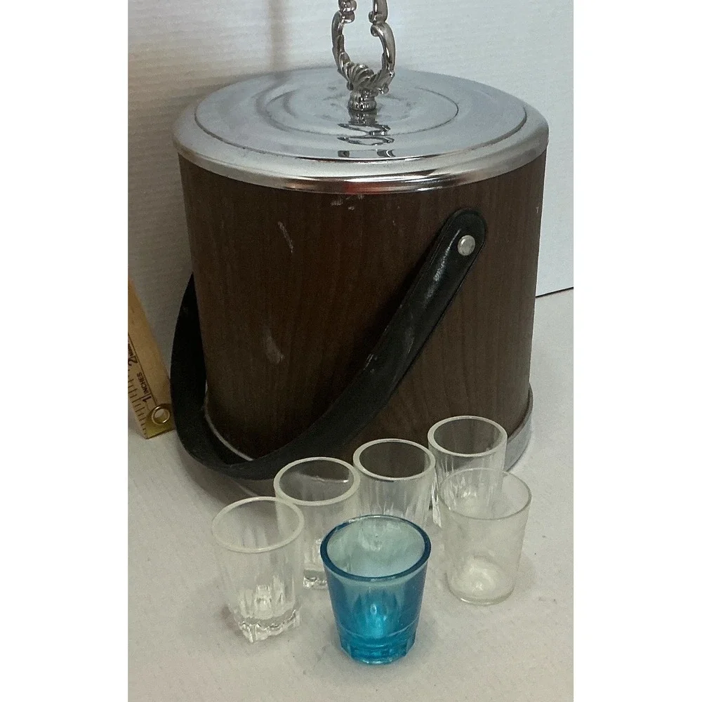 Vintage Ice Bucket with 6 Assorted Shot Glasses Wood Grain MCM Style